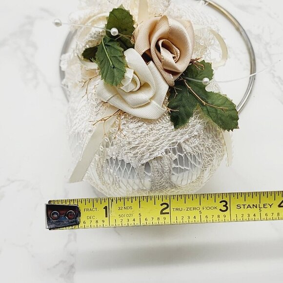 Vintage Handmade Lace Covered Christmas Ball Ornament White Floral Satin Ribbon - Picture 6 of 6